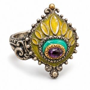Barbara Bixby 18K Gold 925 Silver Amethyst Enamel Statement Ring Designer w/Box